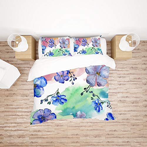 Housse de couette aquarelle anti-plis fleurs bleu botanique polyester
