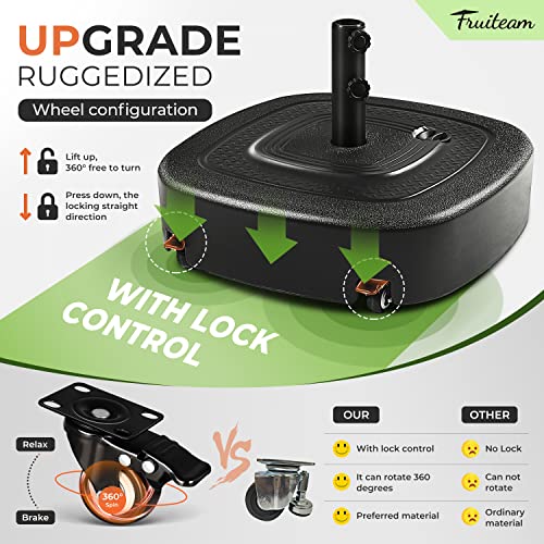 Image of FRUITEAM 154lb Capacity Fillable Mobile Umbrella Base with 4 Wheels, Wind-Resistant Heavy Duty Patio Umbrella Base Market Stand Water or Sand Filled, for Patio, Deck, Poolside w / 2 Locks, 2 Knobs