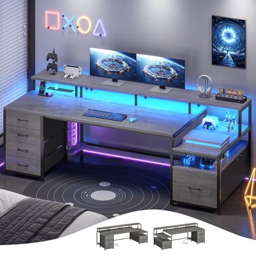 Image of SEDETA 75'' Computer Desk with 5 Drawer, Power Outlet & Led Lights, Home Office Desk with File Drawer, Storage Shelves, Printer Cabinet and Monitor Shelf, 23.6 inch W Large Desktop Gaming Desk, Grey