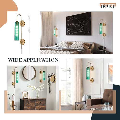 Image of BOKT Modern Gold Plug in Wall Sconce Green Glass Bedside Wall Light Fixtures Plug in Cord Mid Century Long Metal Wall Sconce Single Bathroom Bar Wall Lamp (Green)