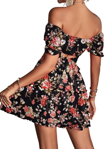 LYANER Women's 2 Piece Outfits Floral Off Shoulder Tie Up Crop Top and Mini Skirt Set2