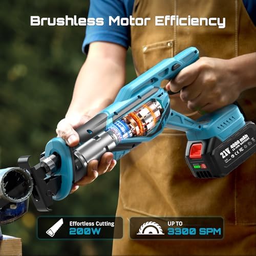 Bild 4 - SEESII Akku Säbelsäge 21V, 3000 RPM Bürstenlosem Motor | 2x 4,0Ah Akkus & 8 Sägeblätter | Für Holz, Metall, PVC | Säbelsäge für Baustelle & Garten