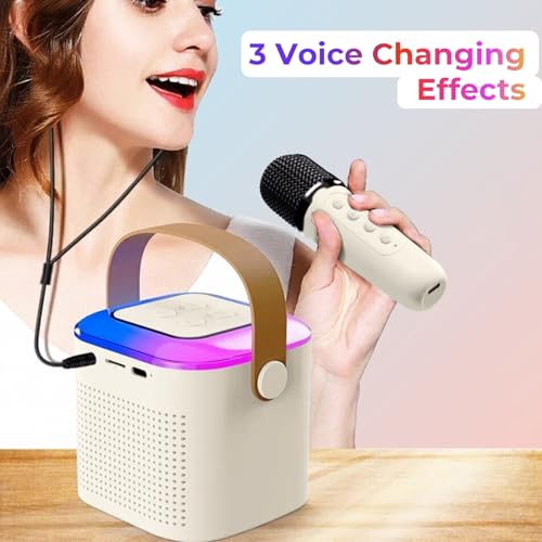 Image of Humble Kroko Series Mini Bluetooth Wireless Karaoke Speaker with 2 Mics, 8Hrs Playtime, RGB Lights (BT 5.3 /TF Card), Voice Effects, Multi-Play Modes,Type-C Charging for Kids & Home Parties - Cream
