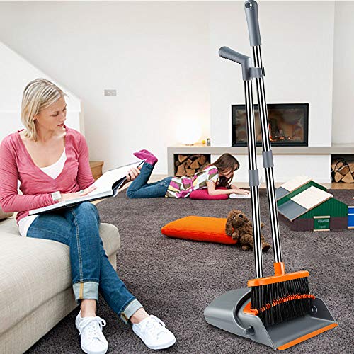 Image of Rubber Super Long Handle Lobby Brooms, Self-Cleaning Broom And Dustpan Set With Dust Pan Teeth For Home, Kitchen And Office Use (Grey And Orange), Hard floor
