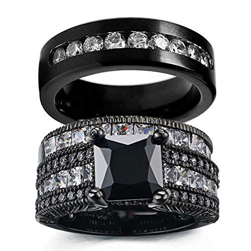 loversring His and Hers Couple Ring Bridal Set His Hers Women Black Gold Filled Square Cz Man Titanium Wedding Ring Band Set