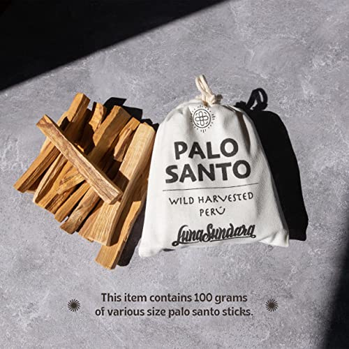 Luna Sundara Palo Santo Sticks From Peru Sustainably Wild Harvested Quality Hand Picked 100 Grams (Approximately 12-20 Sticks) Includes A Reusable Drawstring Bag. #TOP2