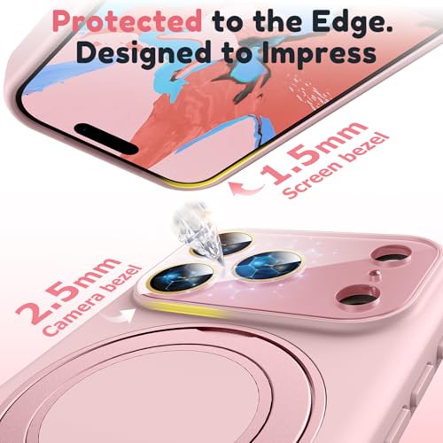 Image of Silicone 360 Spin Magnetic Stand Case for iPhone 17 Pro, [Compatible with Mag-Safe][Reinforced Hard Camera Protection] Liquid Silicone Rubber Phone Case Cover with Ring, Camera Button, Pink