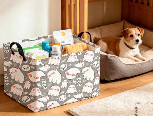 Image of CLOCOR Rectangular Storage Basket Empty,Gift Basket,Waterproof Storage Bin with Handles,Room Decor(Cute Ghost Halloween)