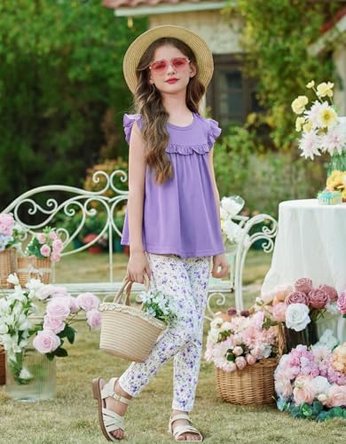 Image of Arshiner Toddler Girls 2-Piece Outfits Ruffle Sleeve Tee & Elastic Waist Pants Kids Summer Clothing Set For 2-10 Years