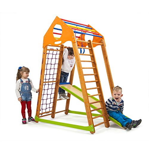 Kinder zu Hause aus Holz Spielplatz mit Rutschbahn ˝Bambinowood˝ Kletternetz Ringe Kletterwand, EU-Warenlager, Zertifikat! Cover
