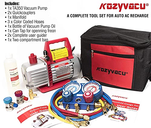 Kozyvacu AUTO AC Repair Complete Tool Kit with 1-Stage 3.5 CFM Vacuum Pump, Manifold Gauge Set, Hoses and its Acccessories