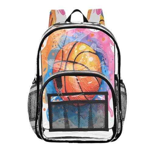 Clear Backpack for School Watercolor Cartoon Orange Basketball Transparent Bookbag for Girls See Through PVC Boy Backpacks