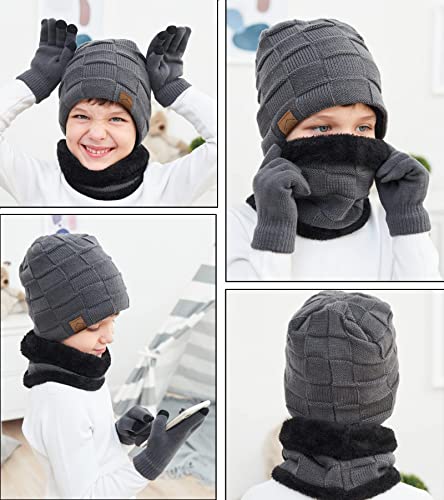 Kmoly Kids Winter Beanie Hat Scarf Touchscreen Gloves Set For Boys Girls 4-15 Years Warm Skull Cap Fleece Lined Knitted Hat (Grey) #TOP5