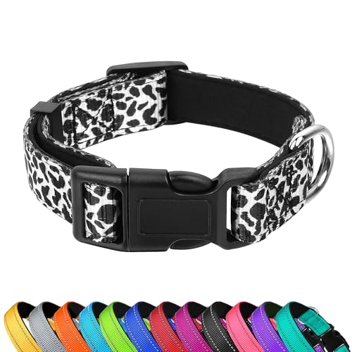 PWOD Reflective Dog Collar, Adjustable Soft Neoprene Padded Nylon Pet Collars with Buckle for Puppy and Small Dogs, Cats, Black White Cow,M