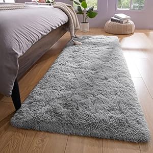 YJ.GWL Fluffy Runner Rugs for Bedroom Living Room Soft Shag Rug 2×6 Feet, Grey Plush Carpet Non Slip for Nursery Dorm, Fuzzy Bedside Rug for Kids Boys Girls Room Home Decor