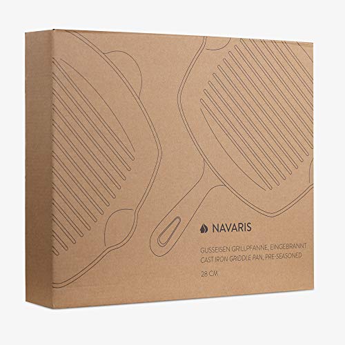 Navaris Cast Iron Griddle Pan - Pre-seasoned Cast Iron Grill Pan for Frying and Grilling Meat and Veg - Square Grilling Skillet - 28cm Main Image