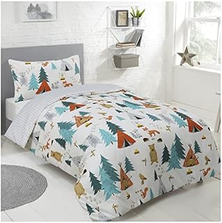 Sleepdown Kids Childrens Forest Friends Camping Woodland Animals Teddy Bears White Grey Check Reversible Soft Easy Care Duvet Cover Quilt Bedding Set with Pillowcase - Single (135cm x 200cm)