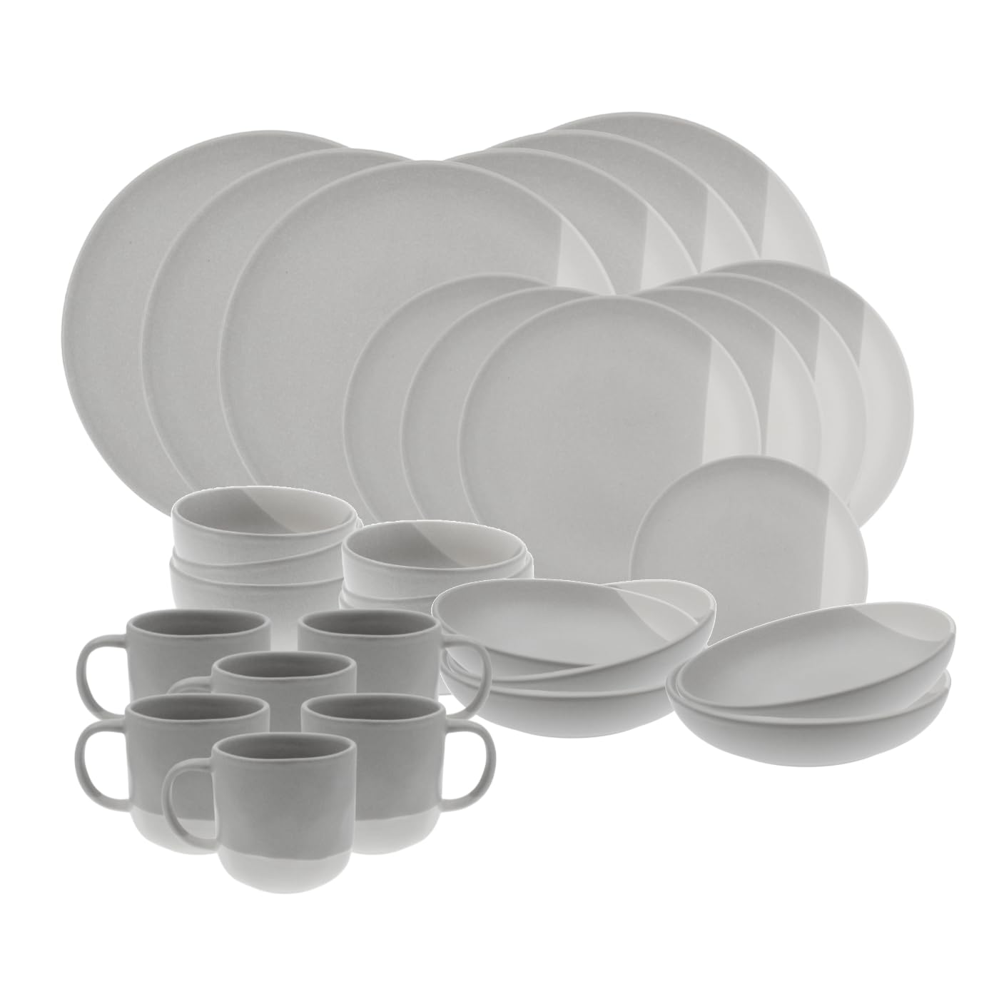 Ard'time Tafelservice, 30-teilig, Keramik, flache Teller, Suppenteller, Dessertteller, Schalen und Tassen, zweifarbig, Weiß und Grau, Kollektion Terre de Siena