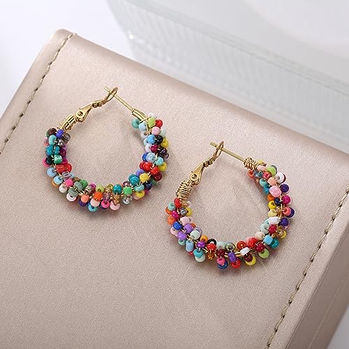 Colorful Beaded Earrings for Women, Boho Flower Hoop Earrings4