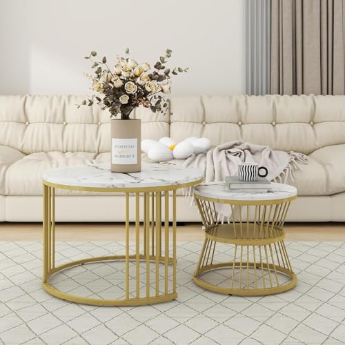 Image of Brown Art SHOPPEE Round Coffee Table Home Decor Furniture Coffee Table Sets,2 Piece MDF Top,Stacking Nesting Table with Iron Frame for Living Room Living Room or Lounge (Gold & White)