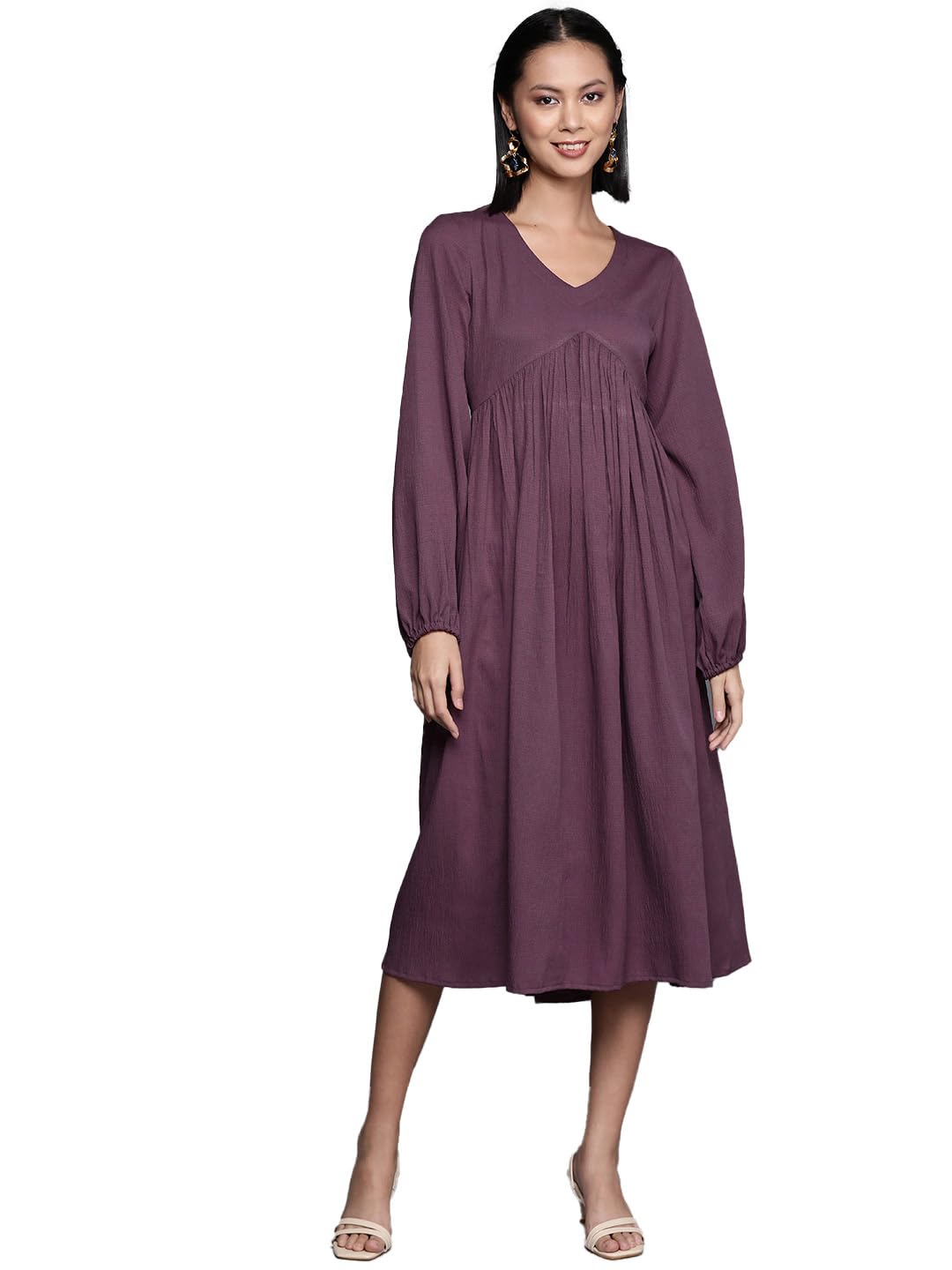 Varanga Women Mauve V-Neck Bishop Sleeves A-Line Dress With Gathered Details & Flared Hem - Calf Length (Large)