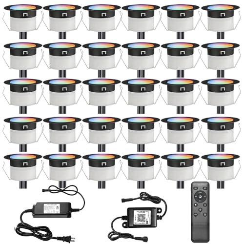 LED Deck Lights Kit, 30 Pack Φ1.22' Low Voltage WiFi Smart Recessed RGBW Deck Lighting with...