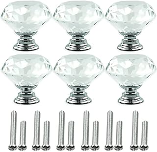 6 PCS Cabinet Knobs with 2 Sizes Screws, 30mm Drawer Handles Crystal Glass Diamond Shaped cupboards Door Knobs for Dresser Drawers and Kitchen, Bathroom Cabinet, Office