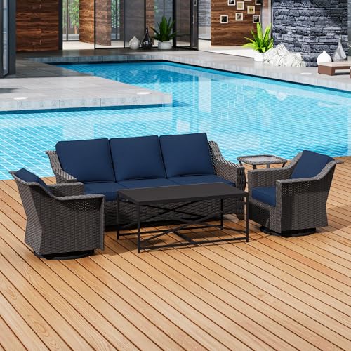 Image of 5 Piece Patio Furniture Set, Wicker Outdoor Conversation Set | Patio Chair Set with Olefin Removable Cushion, All-Weather Outdoor Couch with Deep Seat for Porch, Deck and Backyard, Blue