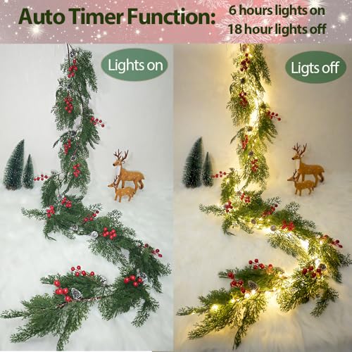 Image of 2025 New 6.56FT Christmas Garland Lights with 96 LED 8 Flash Modes Battery Operated Cypress Garland with Timer Lighted Xmas Pine Garland Christmas Decor for Mantle Fireplace Table Stairs Holiday