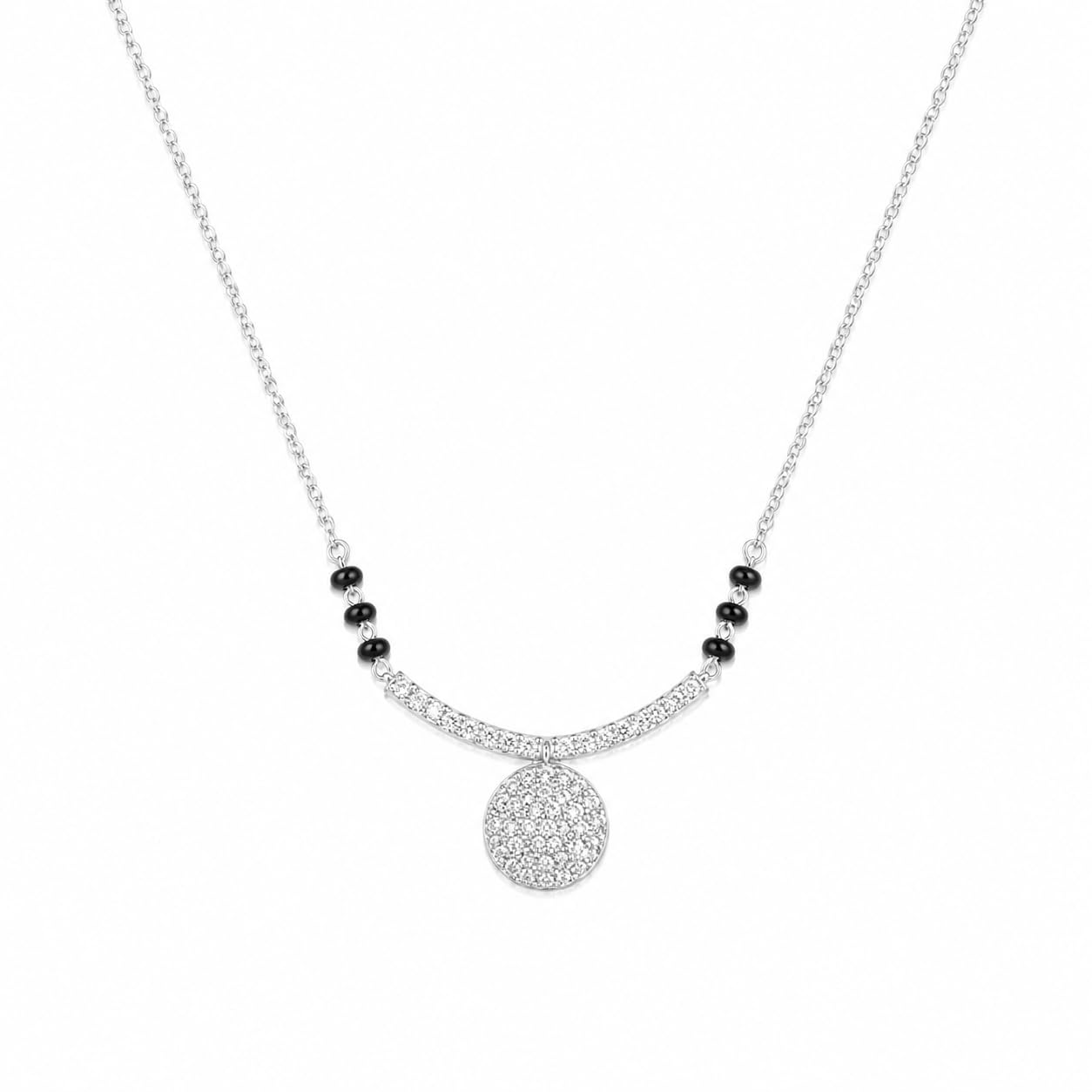 925 Sterling Silver Curve Charm Mangalsutra for Women | Rhodium-Plated Silver Chain with Black Beads & Zircon Curved Disc Pendant | Elegant Modern Traditional Necklace with Minimal Design-image-34