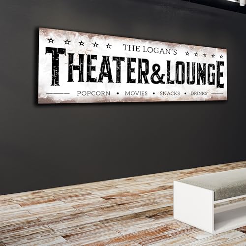 AWESOMETIK Panoramic Theater Sign Personalized Canvas Wall Decor with Custom Family Name Vintage, Custom Movie Theater Room, Entertainment Hall Living Room Lounge (Light)