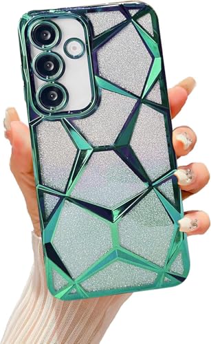 Image of VONZEE Gradient Glitter Case for Samsung S25 FE, Luxury Electroplated 3D Cube, Diamond Bling Shiny Soft TPU Clear Shockproof Women Girls Protective Phone Cover (Green)