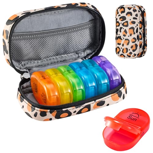Image of Serfeymi Weekly Travel Pill Organizer 2 Times A Day AM PM Upgraded Rainbow Pill Box 7 Day with Portable Zipper PU Leather Pill Case, Medicine Organizer for Pills, Vitamins, Fish Oils - Brown 02