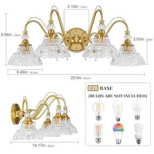 Image of Vintage Bathroom Vanity Light, 4-Light Brushed Gold Finish Wall Sconce with Hanging Crystal Accents and Flower-Shaped Clear Glass Shades, Retro Wall Mount Vanity Light Over Mirror for Bathroom
