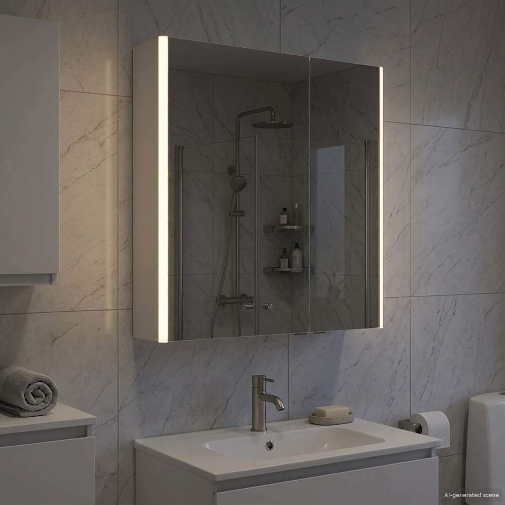 Szafka łazienkowa z lustrem biała z materiału drewnopochodnego 63,5 x 15,5 x 70 cm z oświetleniem LED, montaż na ścianie, schowek, regulowane regały, dwustronne lustro do łazienki i łazienki