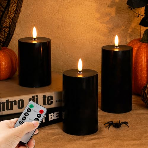 Image of JOIONE Black Flameless Pillar Candles with Remote, 3 Pack Halloween Decor | Battery Operated LED, Black Real Wax, Remote Control, Warm Flickering Glow, Safe Halloween Home & Party Decor