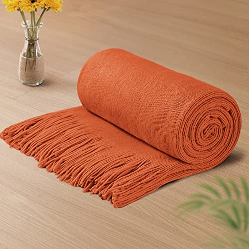 Vonty Rust Orange Knitted Throw Blanket with Tassels Fringe, 50x60 Acrylic