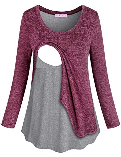 Joymom Nursing Tops Breastfeeding Shirts for Women Long Sleeve Nursing Tops Nursing Shirts for Breastfeeding Tops Postpartum Clothes Latched Mama Hoodies for Breastfeeding Wine Grey XL