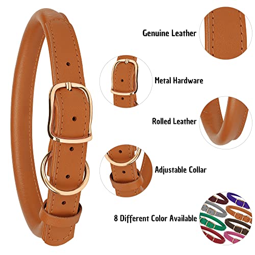 Murom Rolled Leather Dog Collar Durable Round Rope Pet Collars For Small Medium Large Dogs Puppy Pink Purple Green Red Brown Gray (8"-12" Neck Fit, Brown) #TOP3
