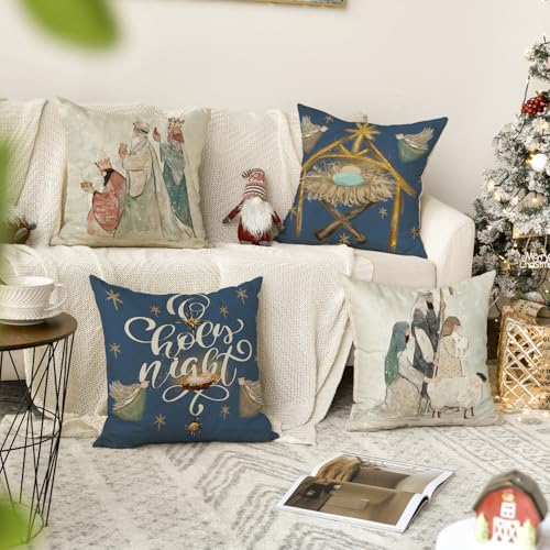 Avoin Colorlife PILLOWCOVER-CHRISTMAS-4PC-4545-109 Christmas O Holy Night Jesus Snowflake Throw Pillow Covers thumb #1