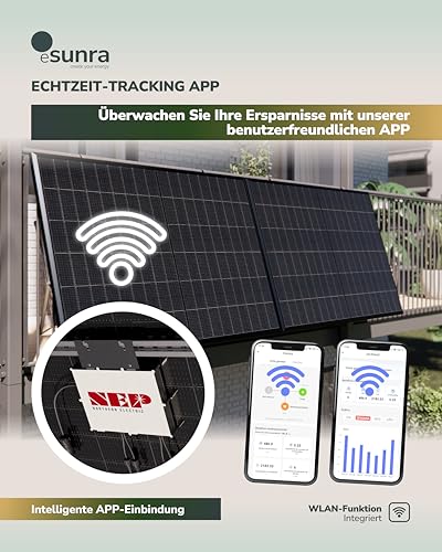 ESUNRA Create your Energy - Balkonkraftwerk 600 / 800W - Plug & Play - 2 bifaziale 430W Solarpaneele - ALL BLACK - TOPCon - Mikrowechselrichter NEP - 5m Kabel - Überwachungs-App