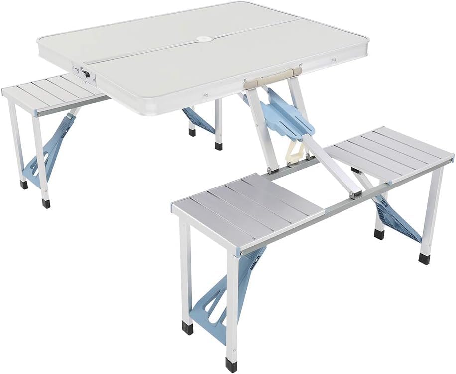 Juego de mesa de picnic plegable, mesa ligera de aleación de aluminio para exteriores con agujero para paraguas, ideal para camping, patio, patio trasero, fácil de transportar y almacenar