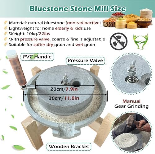 Getreidemühle Natürlicher Granit Steinmühle für Weizen, Bohnen & Muskatnuss, Trocken/Nass Pulverisierer mit Holzrahmen, Klassisches Design für Zuhause