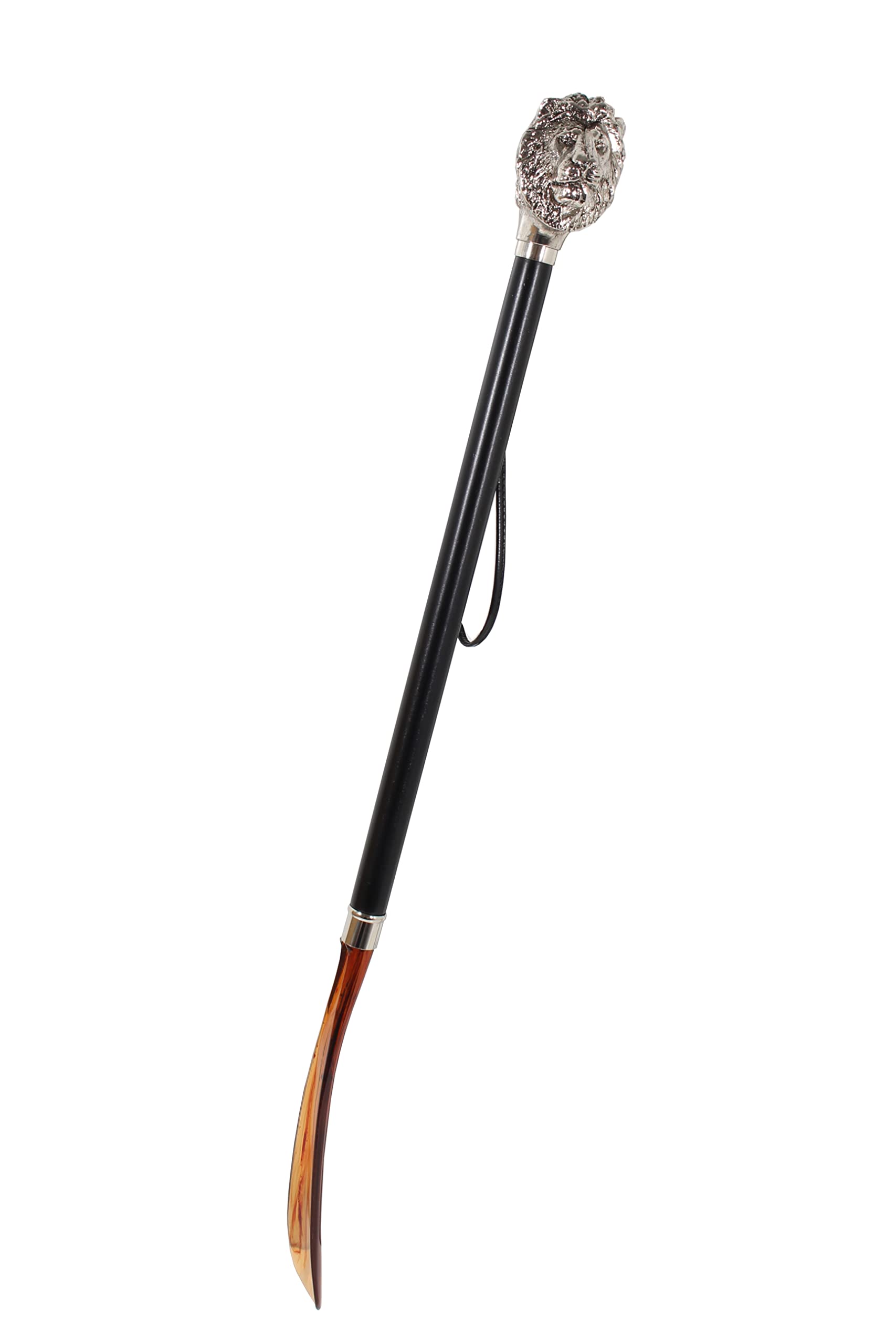 DELFA Chausse-pied design 70 cm avec poignée en forme de lion argenté – Tige en bois noir avec dragonne – L'élégante aide à l'enfilage