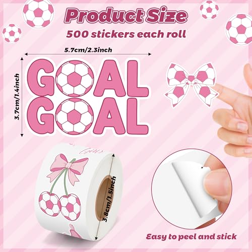 Image of Pink Soccer Stickers Roll - 16 Designs Premium Waterproof Vinyl Football Self Adhesive Decals for Girls Women Team Water Bottle Laptop Scrapbook Party Favors Gift