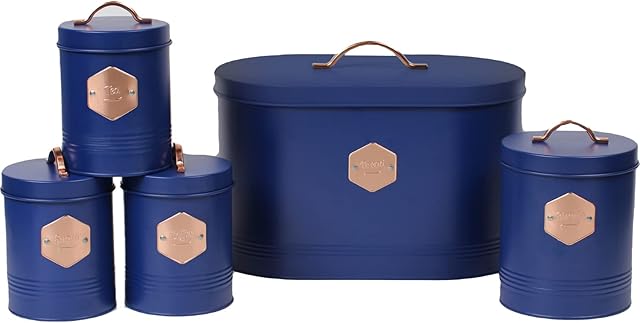 Neo Matte Matt & Copper Metal Badge 5 Kitchen Countertop Canisters Jars Tins Set Tea Coffee Sugar Biscuit Bread Bin Box Food Storage Organiser (Navy)