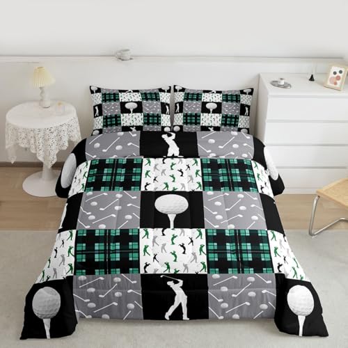 Image of Feelyou Golf Comforter Set Full Size Black Green Plaid Buffalo Check Geometric Bedding Set for Kids Boys Girls Sports Theme Duvet Quilt Bedroom Decor Microfiber 3 Pcs with 2 Pillow Cases
