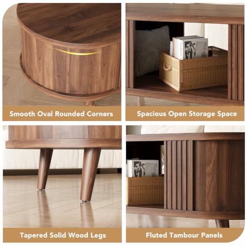 47.2" Oval Fluted Coffee Table with Storage, Fluted Mid-Century, Walnut - Image 4