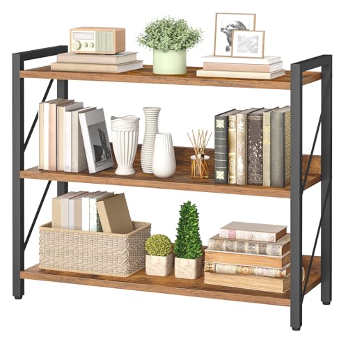 Image of HOOBRO Bookshelf, 3-Tier Industrial Bookcase, Book Shelf Storage Organizer, Bookshelf with Metal Frame for Living Room, Bedroom, Home Office, Kitchen, Rustic Brown and Black BF718SJ01