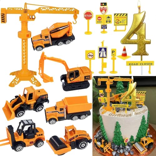 Drookaen Kuchen Deko Baustelle, Metall Kunststoff Bagger Spielzeugauto, Baustellen Fahrzeuge Tortendeko mit Baufahrzeug Verkehrsschilder Gold Glitter Geburtstag Zahl 4 Kerzen
